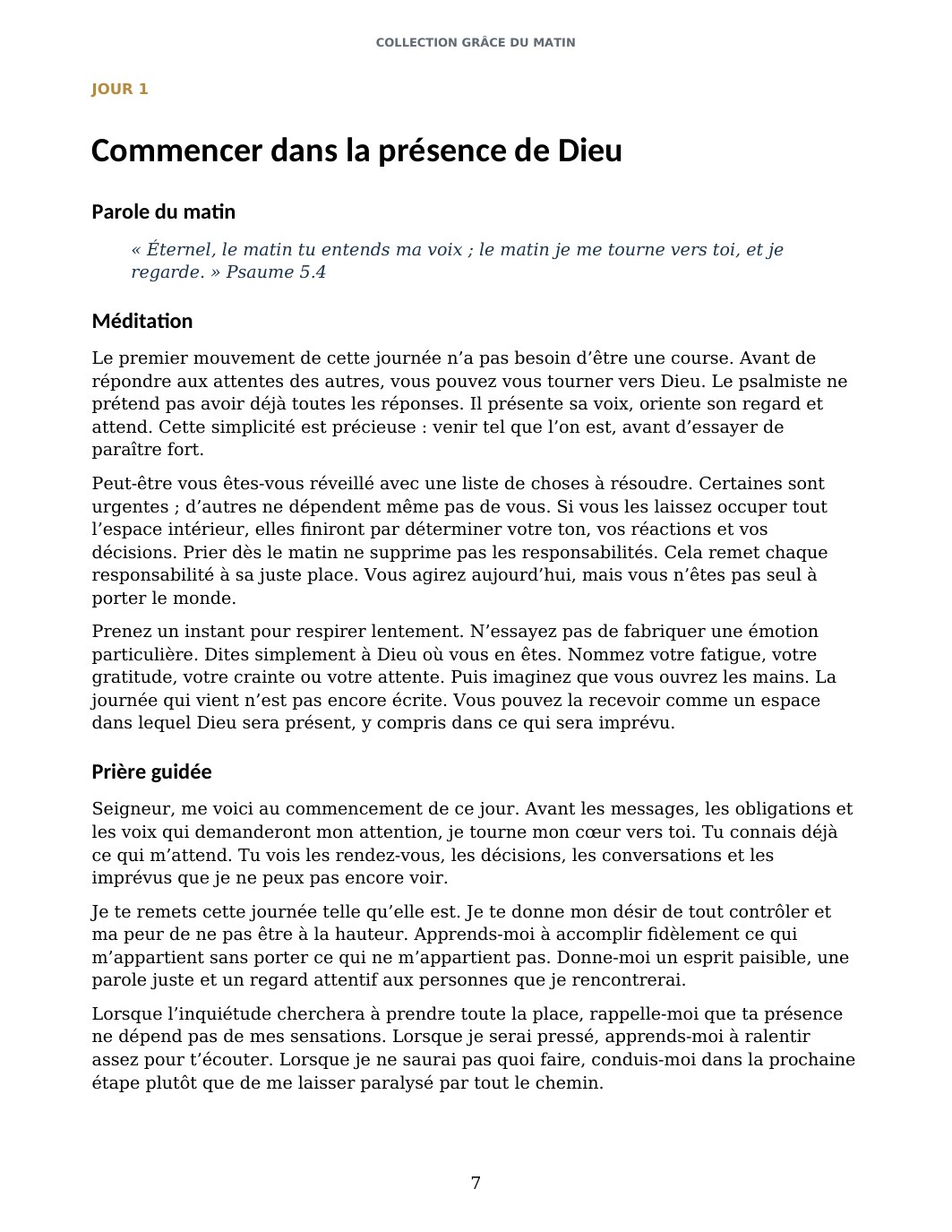 Page intérieure réelle du livre principal avec méditation et prière guidée
